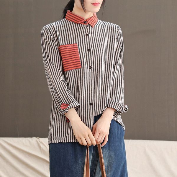 retro literary vertical stripe shirt lapel spring women long sleeve cotton contrast color patchwork pocket cardigan blouse, White
retro literary vertical stripe shirt lapel spring women long sleeve cotton contrast color patchwork pocket cardigan blouse, White