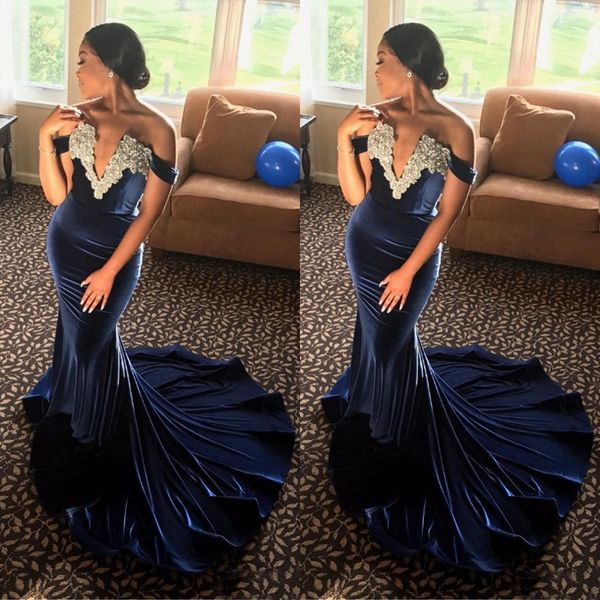 crystal off the shoulder appliques lace mermaid prom dresses v neck navy blue velvet sweep train abendkleider evening gowns, Black
crystal off the shoulder appliques lace mermaid prom dresses v neck navy blue velvet sweep train abendkleider evening gowns, Black