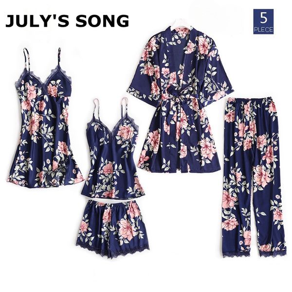 july's song 5 peices sleep lounge pajama set satin sleepwear women summer winter fashion flower pajamas for women robe, Blue;gray
july's song 5 peices sleep lounge pajama set satin sleepwear women summer winter fashion flower pajamas for women robe, Blue;gray