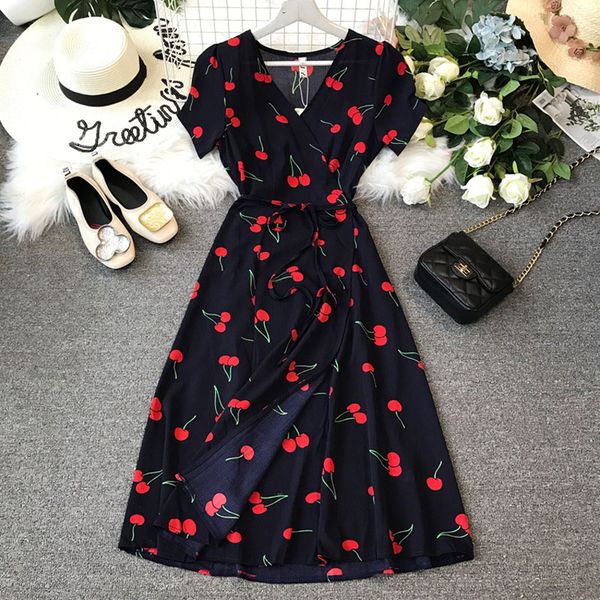 summer one-piece cherry long wrap dress with slim floral chiffon dress women's fashion office lady v-neck short sleeve, Black;gray
summer one-piece cherry long wrap dress with slim floral chiffon dress women's fashion office lady v-neck short sleeve, Black;gray