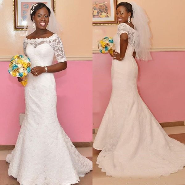 vintage full lace mermaid wedding dresses off the shoulder with half sleeves illusion buttons back african nigerian bride gowns vestidos, White
vintage full lace mermaid wedding dresses off the shoulder with half sleeves illusion buttons back african nigerian bride gowns vestidos, White