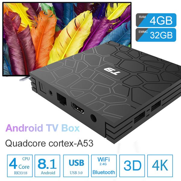 

t9 android 8.1 tv box 2/4+16/32/64gb smarttv streaming receiver bluetooth wifi 1000m lan rockchip rk3318 quad core