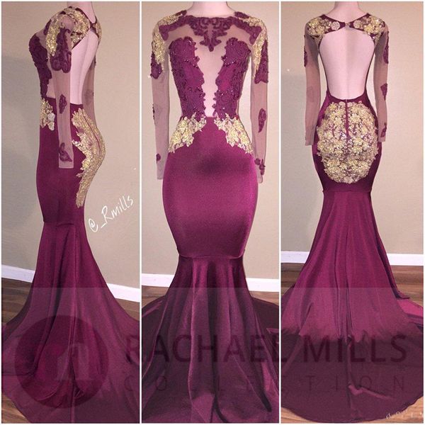Gold Appliques Burgundy Prom Dresses 2019 Sexy Keyhole Backless Mermaid Sheer Long Sleeve Long Evening Gowns