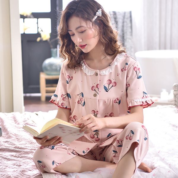 

summer cotton short sleeve full pajamas lace set pijamas women thin sleepwear 2pcs tender nightwear leaf fresh home clothes, Black;red