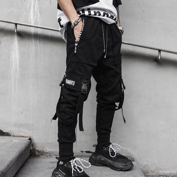 

мужские ленты хип-хоп панк брюки-карго мульти карманы уличные шаровары ночной клуб сценический костюм корейский винтаж случайные бегунов, Black