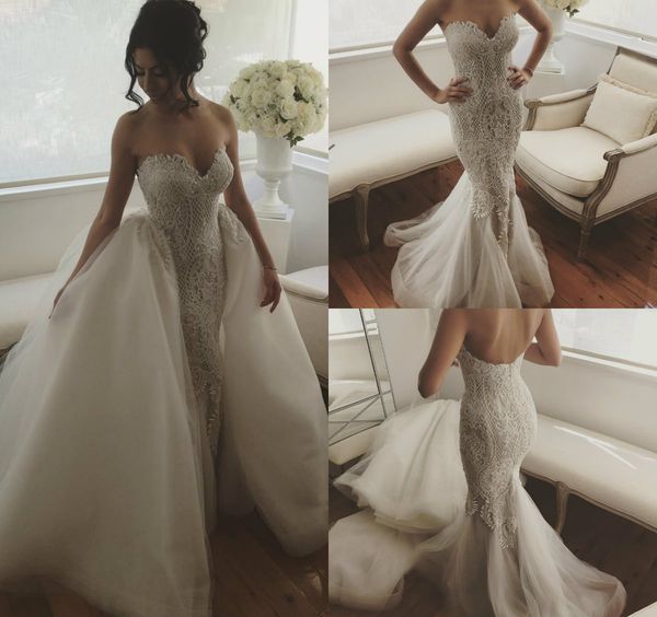 gorgeous mermaid wedding dresses with detachable overskirts sweep train sweetheart tulle lace wedding dress custom made bridal gowns, White
gorgeous mermaid wedding dresses with detachable overskirts sweep train sweetheart tulle lace wedding dress custom made bridal gowns, White