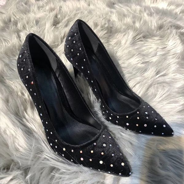 velvet women high heel dress shoes pointed bright crystal low cut front stiletto shoes luxury designer leather linging lady dress shoes, Black