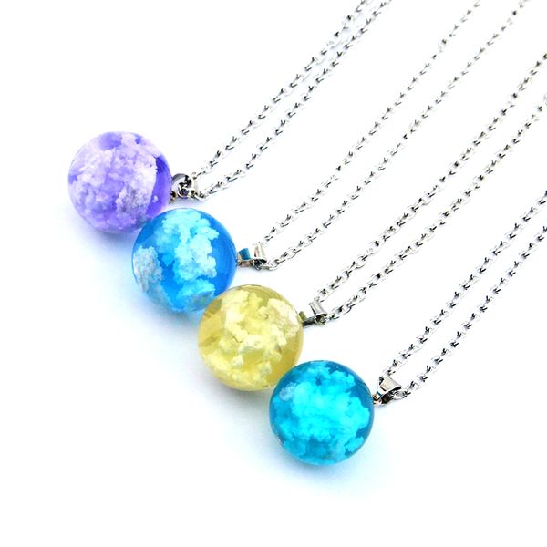 

transparent resin round ball pendant necklace women blue sky white cloud sweater chain christmas and valentine's day gifts, Silver