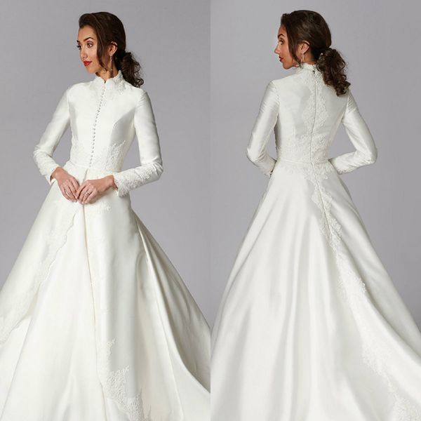 modest a line wedding dresses jewel neck long sleeve appliques custom made satin plus size wedding dress sweep train robes de mariée, White
modest a line wedding dresses jewel neck long sleeve appliques custom made satin plus size wedding dress sweep train robes de mariée, White