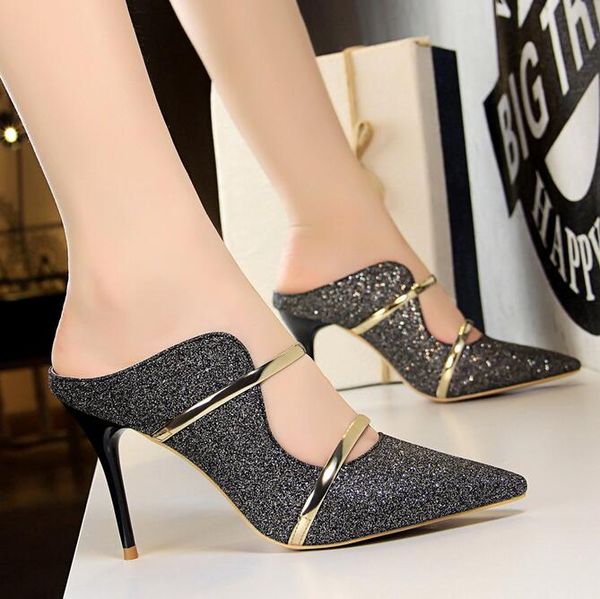 luxury women sandals and slippers party dress shoes shallow mouth pointed fashion high heels hollow metal word with casual slippers, Black
luxury women sandals and slippers party dress shoes shallow mouth pointed fashion high heels hollow metal word with casual slippers, Black