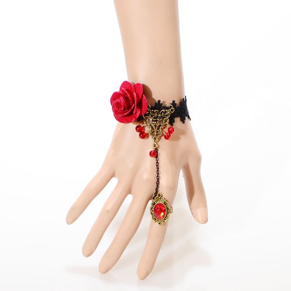 gothic retro vintage black lace bracelet ring set with big red flower, Golden;silver 
gothic retro vintage black lace bracelet ring set with big red flower, Golden;silver