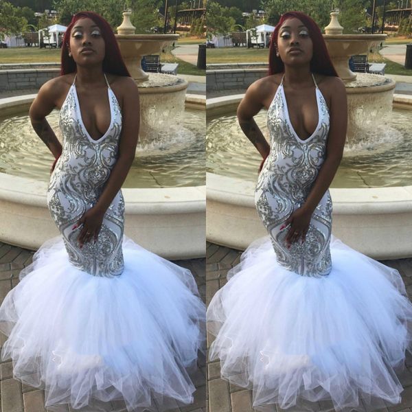 white mermaid prom dresses 2019 halter silver lace tulle floor length plunging v neck formal evening party dresses african style, Black
white mermaid prom dresses 2019 halter silver lace tulle floor length plunging v neck formal evening party dresses african style, Black