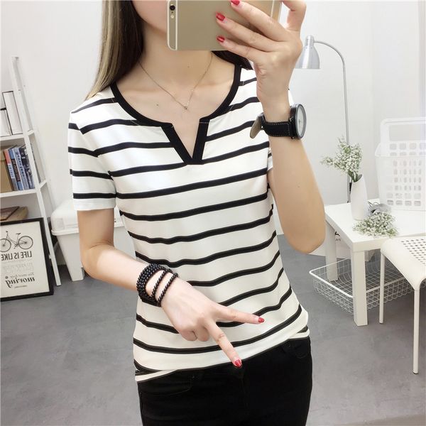 womens stripes t-shirt v collar t shirts skinny half sleeve clothes women slim under wear tshirt casual tees for female, White
womens stripes t-shirt v collar t shirts skinny half sleeve clothes women slim under wear tshirt casual tees for female, White