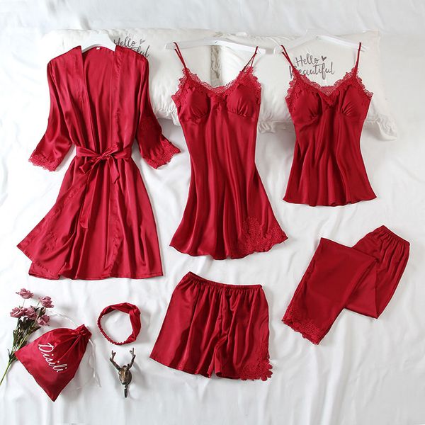 7 pieces pajamas set satin silk pajamas for women autumn home service v-neck with chest pad female robe lace sleepwear, Black;red
7 pieces pajamas set satin silk pajamas for women autumn home service v-neck with chest pad female robe lace sleepwear, Black;red