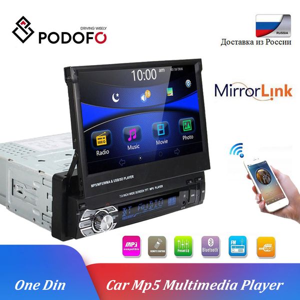 

podofo 1 din multimedia player stereo audio bluetooth car radio no gps 1din 7" universal retractable autoradio fm usb mp5 player