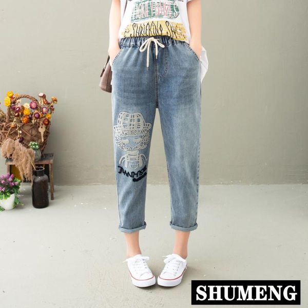 women's jeans korea fashion summner women cartoon embroidery loose denim harem pants elastic waist vintage ripped hole calf-length, Blue
women's jeans korea fashion summner women cartoon embroidery loose denim harem pants elastic waist vintage ripped hole calf-length, Blue