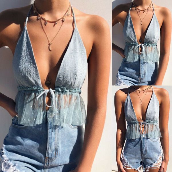 women sleeveless backless vest halter bandage tank mesh camis summer ladies lace-up blue top, White
women sleeveless backless vest halter bandage tank mesh camis summer ladies lace-up blue top, White