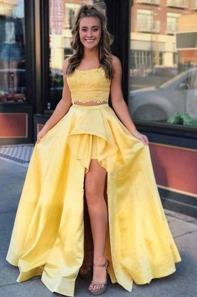 2022 st yellow square prom homecoming party dresses neck two pieces high low lace satin pleated evening formal dress gown, Black
2022 st yellow square prom homecoming party dresses neck two pieces high low lace satin pleated evening formal dress gown, Black