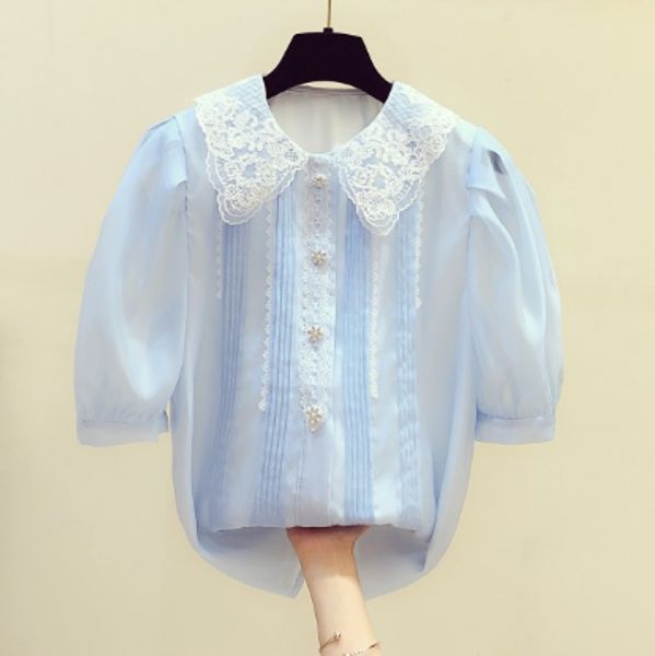 2020 summer new korean lace doll collar puff sleeve rhinestone buckle organza shirt women's casual blouse blusas femme, White
2020 summer new korean lace doll collar puff sleeve rhinestone buckle organza shirt women's casual blouse blusas femme, White