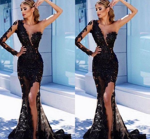 black one shoulder long sleeves evening bridesmaid dresses 2022 mermaid lace illusion applique lace prom formal pageant dress, Black;red
black one shoulder long sleeves evening bridesmaid dresses 2022 mermaid lace illusion applique lace prom formal pageant dress, Black;red