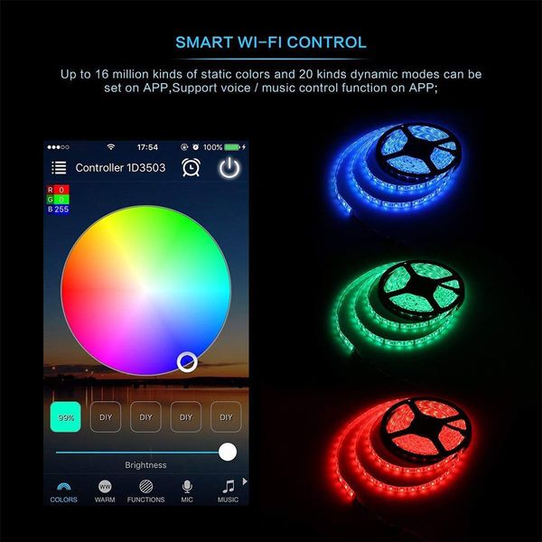 wifi led strip lights, remote smart phone app controlled sync to music 16.4ft rgb 5050 light compatible with alexa, google home
wifi led strip lights, remote smart phone app controlled sync to music 16.4ft rgb 5050 light compatible with alexa, google home