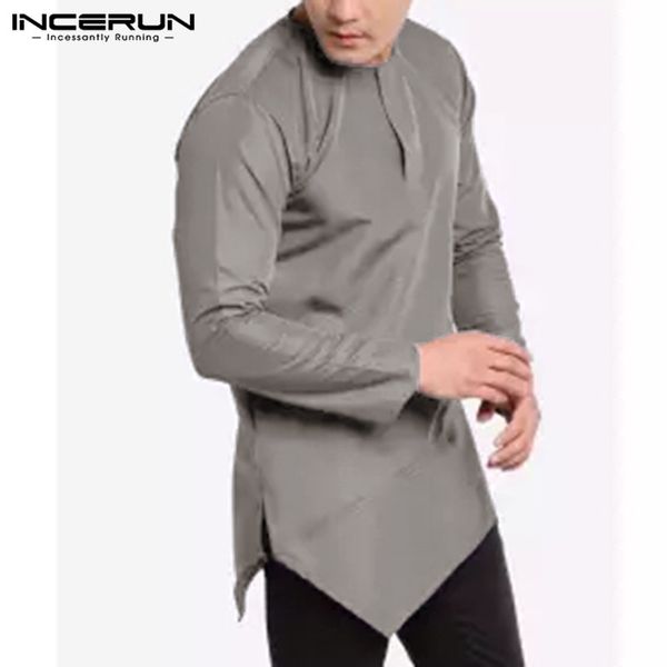 

2019 men shirt long sleeve solid color loose irregular hem fashion casual dress shirts men kurta suit s-5xl incerun, White;black