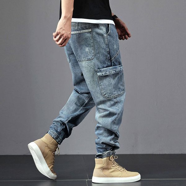 men's jeans fashion streetwear men retro blue loose fit harem spliced pocket cargo pants embroidery designer hip hop