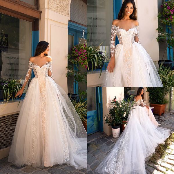 2019 mermaid wedding dresses with detachable skirt off the shoulder lace appliques sweep train beach wedding dress long sleeve bridal gowns, White
2019 mermaid wedding dresses with detachable skirt off the shoulder lace appliques sweep train beach wedding dress long sleeve bridal gowns, White
