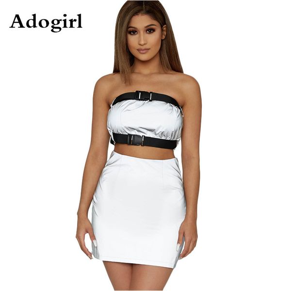women reflective tracksuit night version strapless buckle crop and mini skirt night club wear two piece matching sets, White
women reflective tracksuit night version strapless buckle crop and mini skirt night club wear two piece matching sets, White
