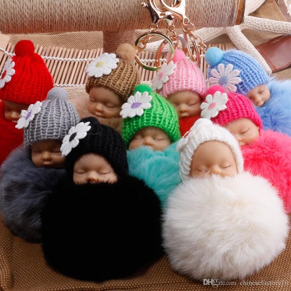 

fluffy sleeping baby keychain 8cm plush ball cute doll gold metal soft ball pom key chains ring for car bag fashion boutique accessories, Red;brown