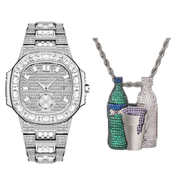 hip hop bling iced out sprite bottle cup necklaces & watch set crystal zircon shiny wine bottle necklace for men rapper jewelry, Silver
hip hop bling iced out sprite bottle cup necklaces & watch set crystal zircon shiny wine bottle necklace for men rapper jewelry, Silver