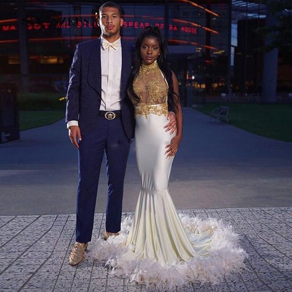 stunning halter mermaid feather prom dresses with gold appliques sequined africa dress sweep train plus size celebrity gowns, Black
stunning halter mermaid feather prom dresses with gold appliques sequined africa dress sweep train plus size celebrity gowns, Black