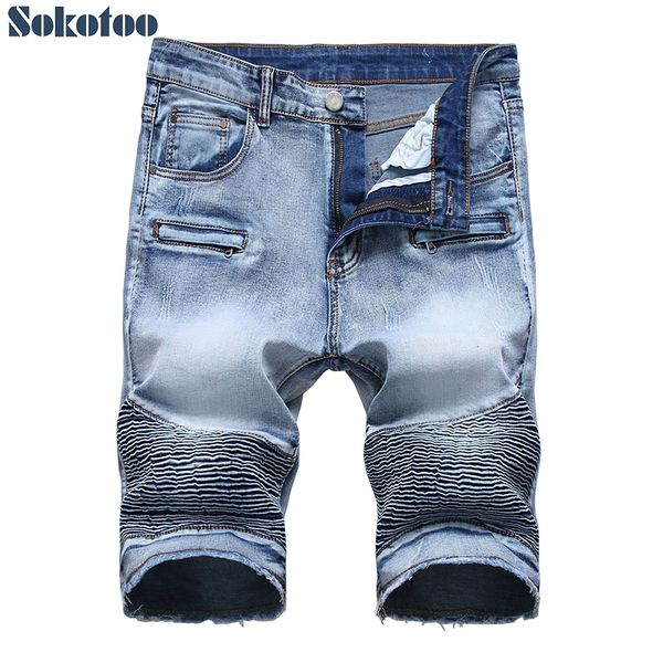 

men's light blue slim straight stretch denim biker shorts fot moto plus big size pleated fringe jeans summer capri