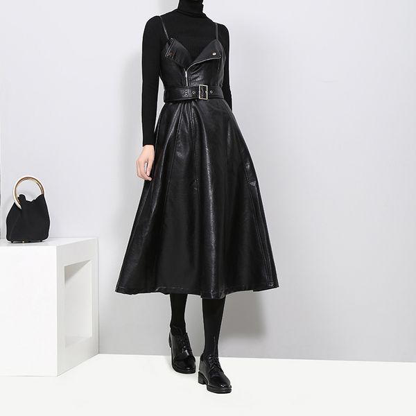 2019 women faux leather black midi sleeveless dress belt a-line spaghetti strap elegant party club wear dress robe 3014, Black;gray
2019 women faux leather black midi sleeveless dress belt a-line spaghetti strap elegant party club wear dress robe 3014, Black;gray