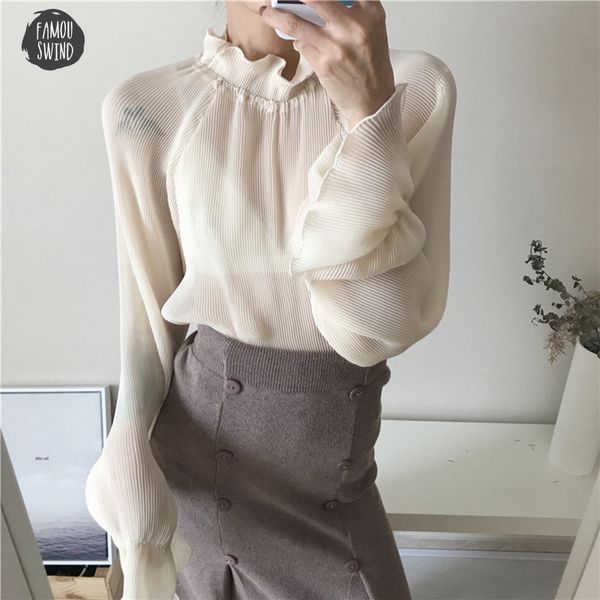 fashion blouse blusas spring newly stand collar women shirts puff sleeve patchwork pleated 2019 67036 drop shipping, White