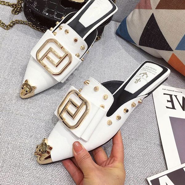 women mules metal gold pointed toe slip slippers buckle studded ladies slides slip on women lazy slippers shoes, Black
women mules metal gold pointed toe slip slippers buckle studded ladies slides slip on women lazy slippers shoes, Black
