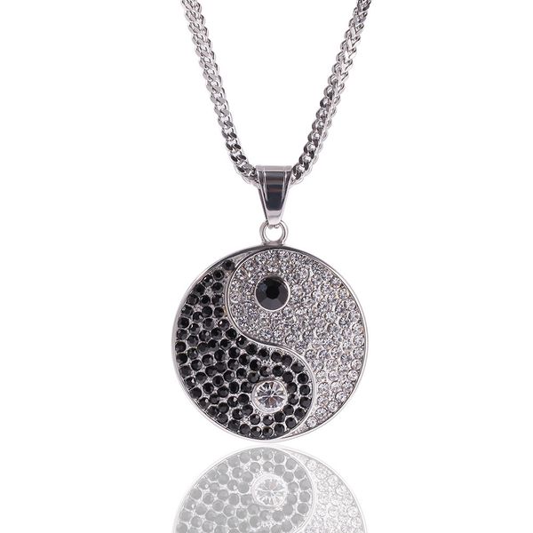 cuban link chains hip-hop stainless steel black-and-white yin-yang taiji gossip pendant fashion hip-hop men's personalized accessories, Silver