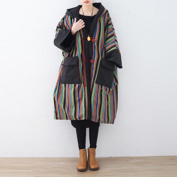 

johnature autumn winter loose casual pockets stripe batwing sleeve women cotton overcoat 2019 new retro hooded female thick coat, Black
