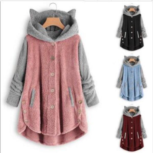 women's autumn and winter european and american buttons hooded cat ears plush coat irregular color matching coat, Black
women's autumn and winter european and american buttons hooded cat ears plush coat irregular color matching coat, Black