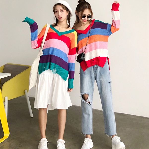 autumnsweaters women rainbow v-neck winter 2019 knitted sweater fashion striped oversized pullover sister clothing, White;black
autumnsweaters women rainbow v-neck winter 2019 knitted sweater fashion striped oversized pullover sister clothing, White;black