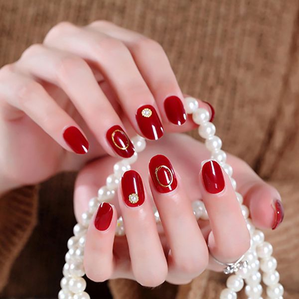 false nails 24pcs/box with 2g glue round head fake press on sand color hollow circle gold beads full cover short size women nail tips, Red;gold
false nails 24pcs/box with 2g glue round head fake press on sand color hollow circle gold beads full cover short size women nail tips, Red;gold