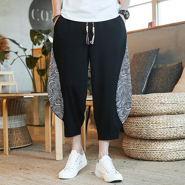 men summer beach pants men's 2020 streetwear cotton linen trousers male oversize chinese style patchwork calf-length pants, Black
men summer beach pants men's 2020 streetwear cotton linen trousers male oversize chinese style patchwork calf-length pants, Black