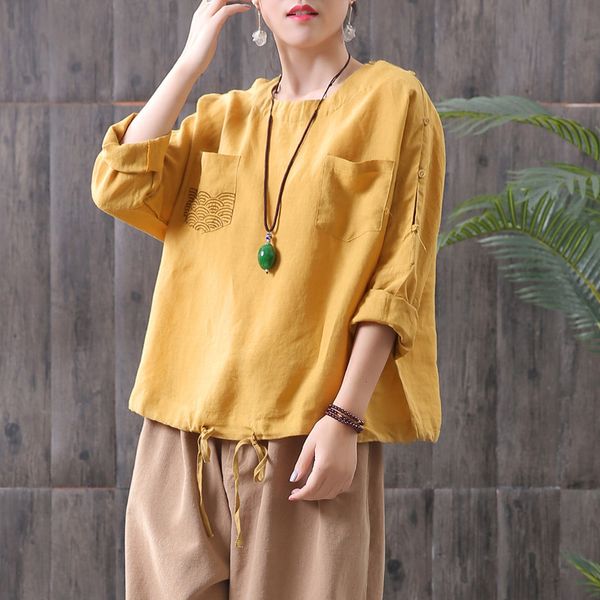 women's blouses & shirts women spring summer 2021 vintage cotton linen button shoulder comfortably solid drawstring o-neck loose blouse, White
women's blouses & shirts women spring summer 2021 vintage cotton linen button shoulder comfortably solid drawstring o-neck loose blouse, White