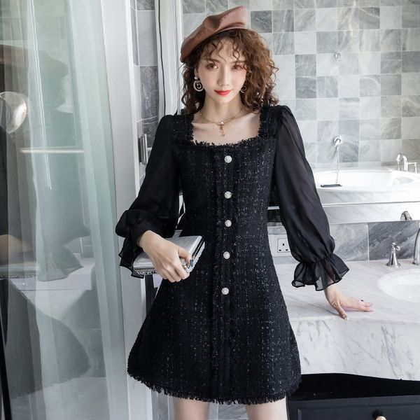 elegant chiffon flare sleeve patchwork tweed women dress tassels button embellished small fragrance woolen france a line dress, Black;gray
elegant chiffon flare sleeve patchwork tweed women dress tassels button embellished small fragrance woolen france a line dress, Black;gray