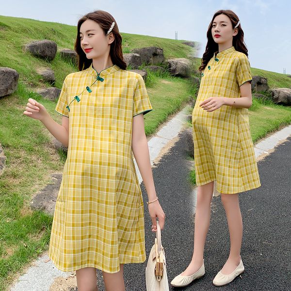 8198# vintage chinese style maternity cheongsam summer fashion elegant a line dress for pregnant women yellow plaid pregnancy, White
8198# vintage chinese style maternity cheongsam summer fashion elegant a line dress for pregnant women yellow plaid pregnancy, White