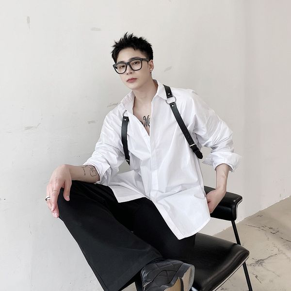 men's casual shirts male fashion hip hop vintage loose men shoulders leather belt long sleeve stage clothes, White;black
men's casual shirts male fashion hip hop vintage loose men shoulders leather belt long sleeve stage clothes, White;black