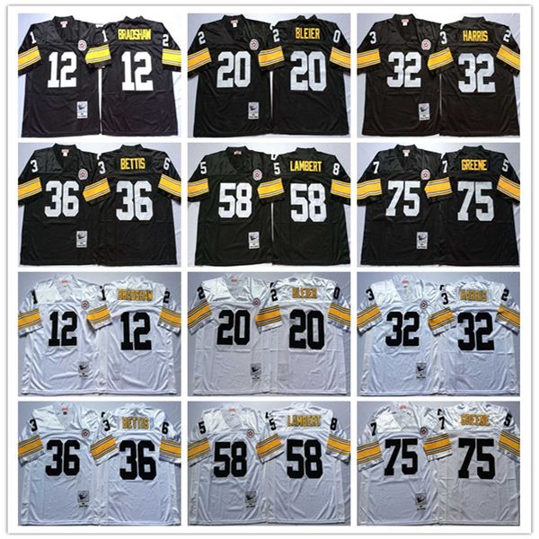 

12 terry bradshaw 20 rocky bleier 32 franco harris 36 jerome bettis 58 jack lambert 75 joe greene white black football jerseys