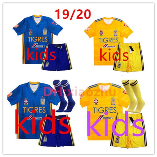 2019 tigres kids kit soccer jerseys home socks valencia 2020 vargas gignac 10 damian 11 pizarro 19 20 jersey child boy 7 star football shirt, Black;yellow