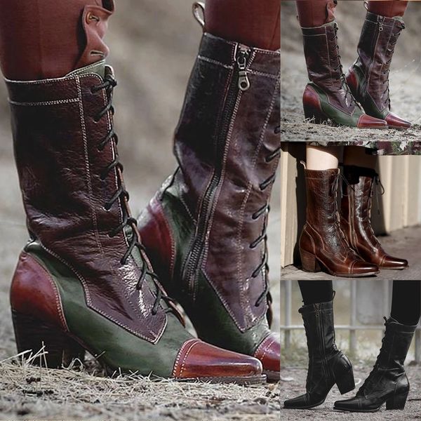 cool women's pointy toe leather boots lace-up ancient knee high-heeled boots bare square thick heel casual middle booties botas, Black
cool women's pointy toe leather boots lace-up ancient knee high-heeled boots bare square thick heel casual middle booties botas, Black