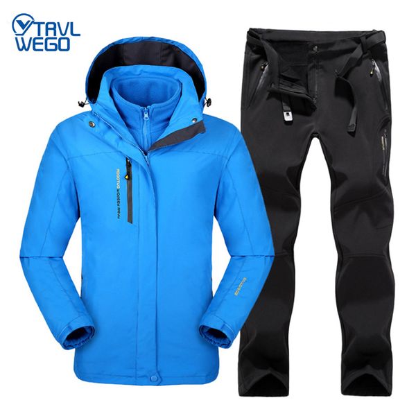 trvlwego winter men outdoor ski jacket suits hiking camping sports fleece windbreaker thermal fleece pants man set coat trousers, Blue;black